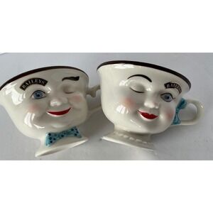 Baileys Vintage Winking Face Coffee Mugs Set of 2 Blue Bow Ceramic Kitsch OS‎
